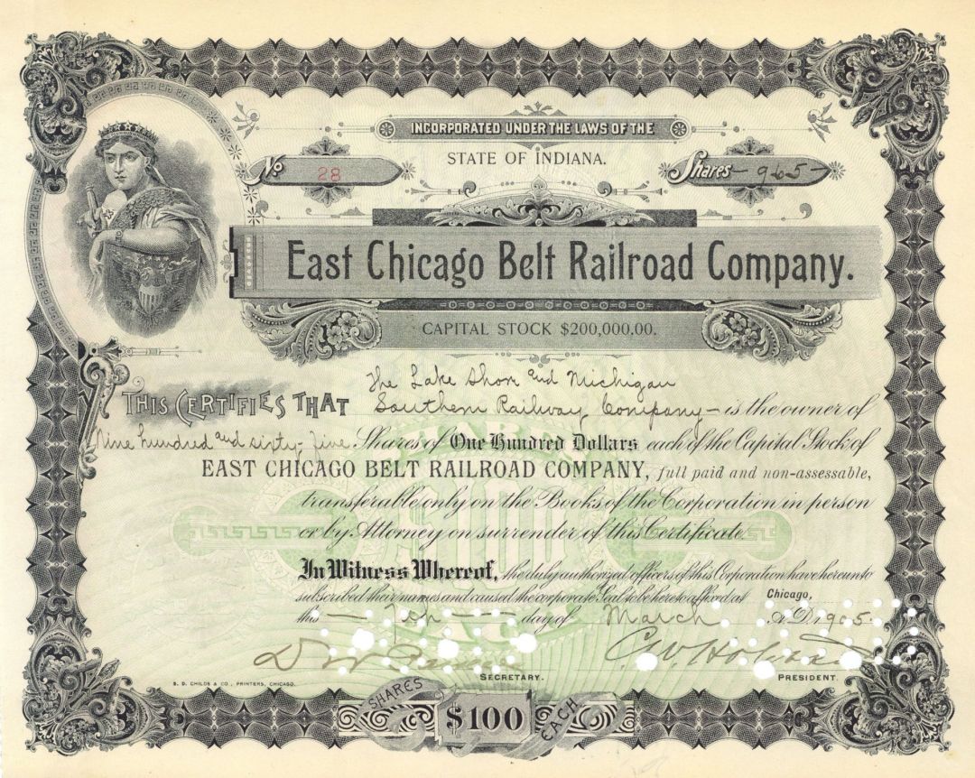 East Chicago Belt Railroad - 1902-06 dated Railway Stock Certificate - Became Indiana Harbor Belt Railroad