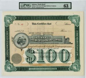 Indiana and Lake Michigan Railway Co. - PMG Graded - circa 1880's Unissued Indiana Railroad Stock Certificate
