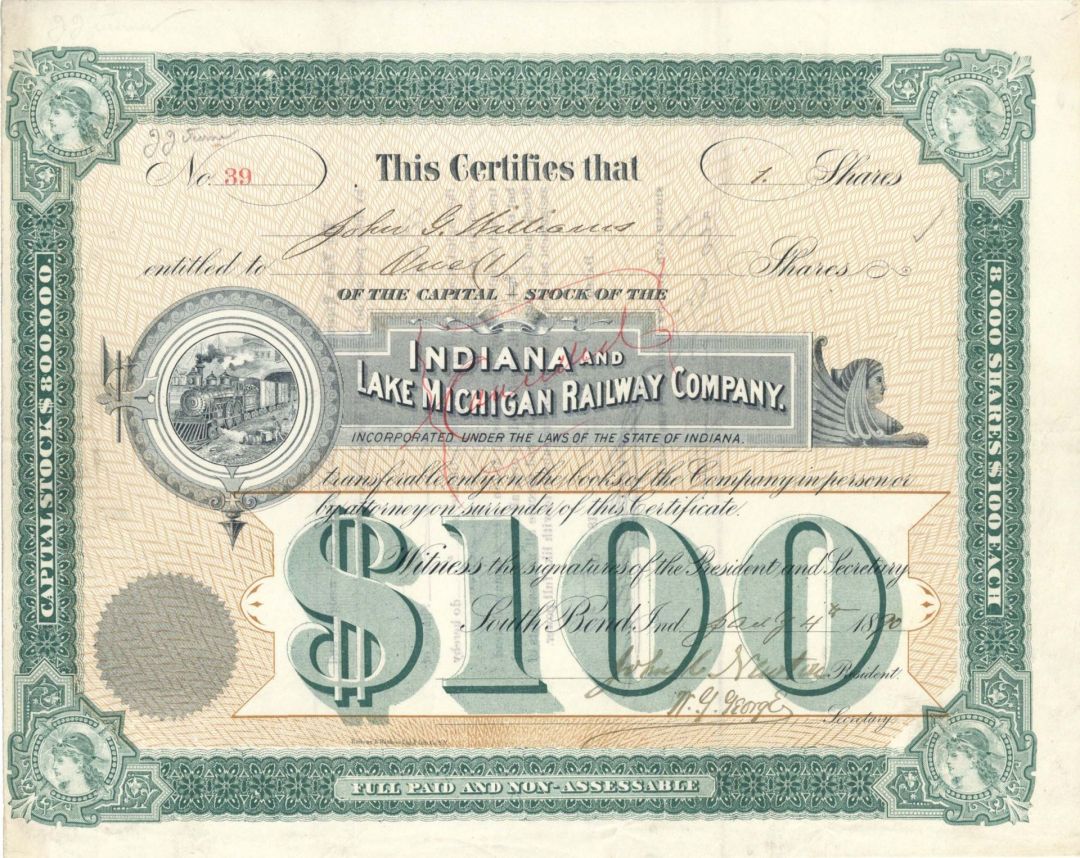 Indiana and Lake Michigan Railway Co. - 1890 dated Indiana Railroad Stock Certificate