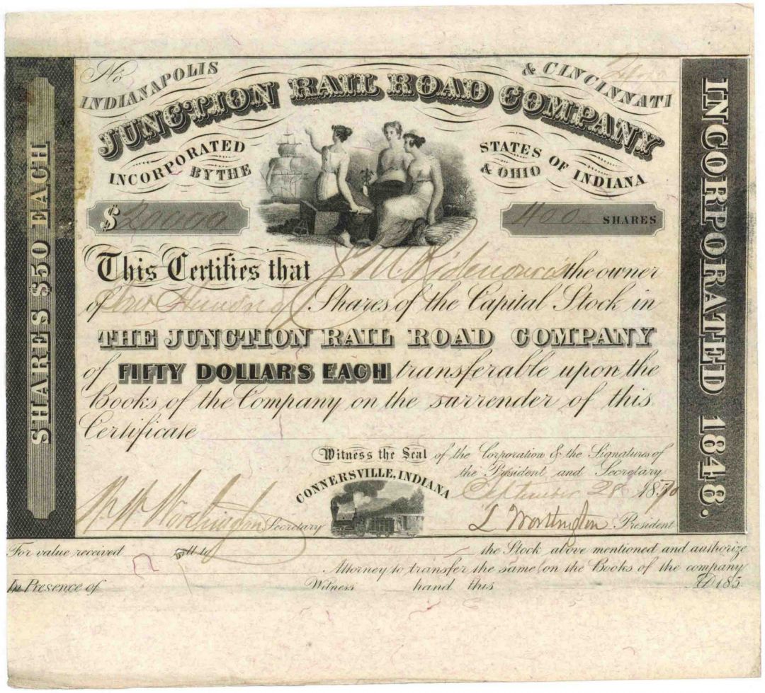 Indianapolis and Cincinnati Junction Railroad - Indiana & Ohio Railway Stock Certificate