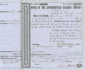 Jeffersonville Railroad Co. - 1854-1856 dated Stock Certificate