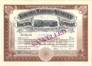Kokomo, Marion and Western Traction Co. - 1906-1908 dated Stock Certificate