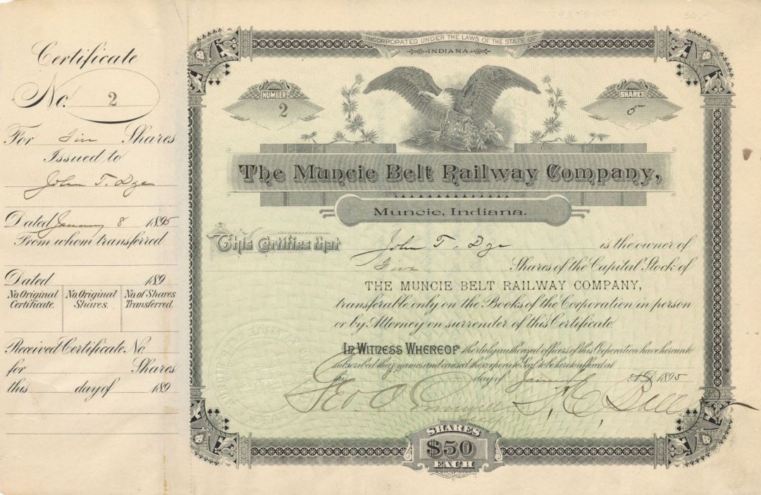 Muncie Belt Railway Co. Group - Stock Certificate