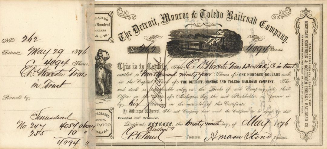 Detroit, Monroe and Toledo Railroad Co. - Stock Certificate