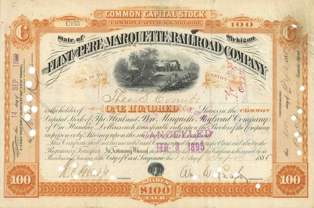 Flint and Pere Marquette Railroad Co. - Michigan Railway Stock Certificate - Usual Condition Problems