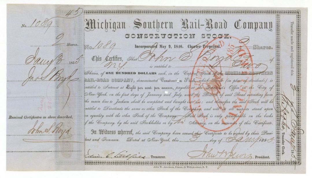 Michigan Southern Rail Road Co. - Stock Certificate