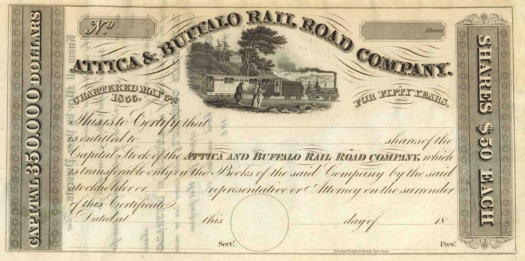Attica and Buffalo Railroad - Unissued New York Railway Stock Certificate