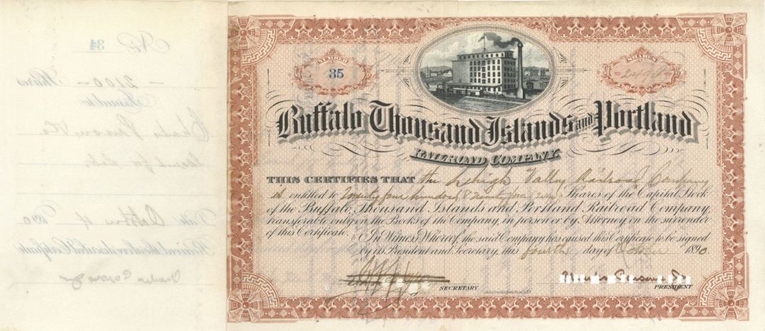 Buffalo Thousand Island and Portland Railroad - Stock Certificate