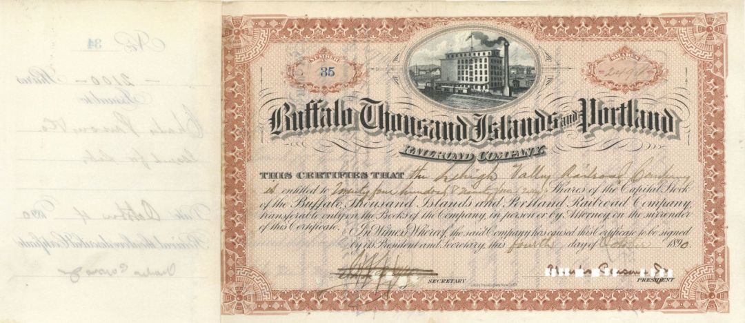 2,494 shares! - Buffalo Thousand Island and Portland Railroad - 1890's Fully Issued Railway Stock Certificate