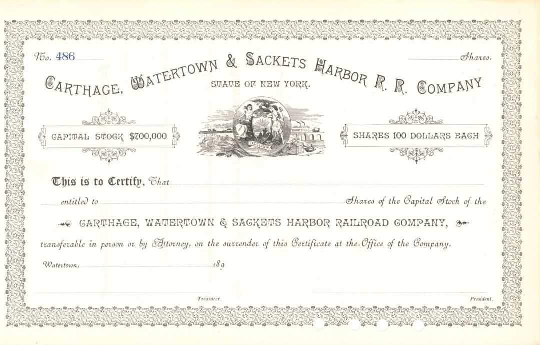 Carthage, Watertown & Sackets Harbor Railroad - circa 1890's Unissued Railway Stock Certificate