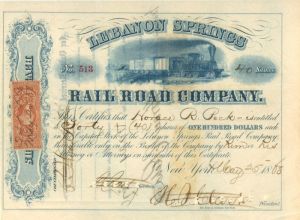 Lebanon Springs Railroad Co. - Vermont, New York & New Jersey Railway Stock Certificate