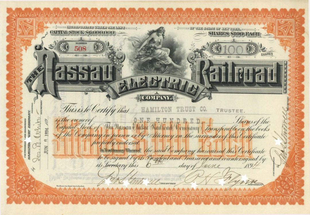 Nassau Electric Railroad Co. - 1890's dated Stock Certificate