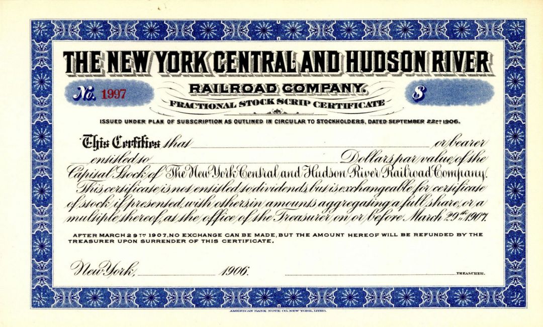 New York Central and Hudson River Railroad Co. - Stock Certificate