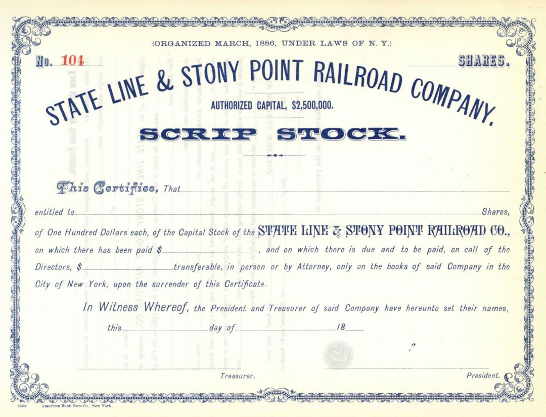 State Line and Stony Point Railroad - Unissued Railway Stock Certificate