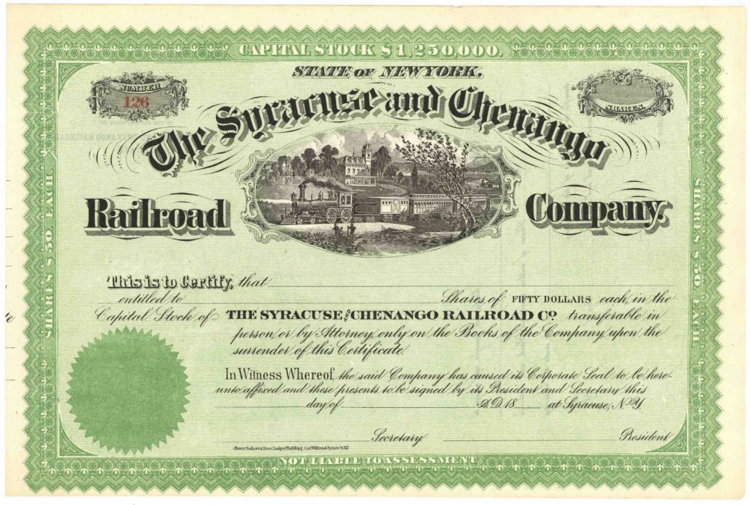 Syracuse and Chenango Railroad - Unissued New York Railway Stock Certificate
