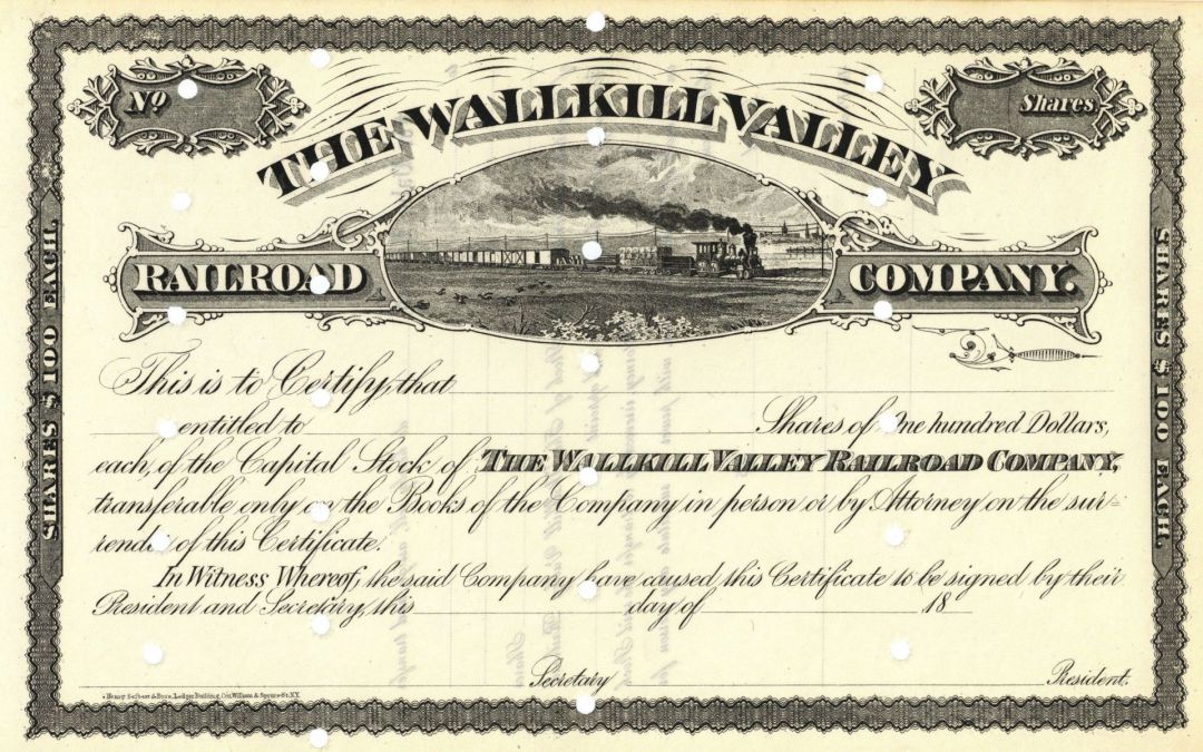 1870's dated Wallkill Valley Railroad - Circa 1870's Unissued Railway Stock Certificate