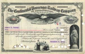 Continental Passenger Railway Company of Philadelphia - 1875-1937 dated Stock Certificate