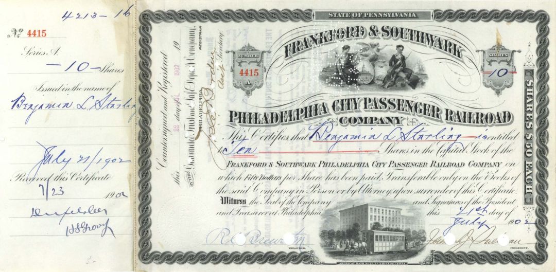 Frankford and Southwark Philadelphia City Passenger Railroad Co. - 1878-1902 dated Stock Certificate