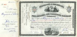 Frankford and Southwark Philadelphia City Passenger Railroad Co. - 1878-1902 dated Stock Certificate
