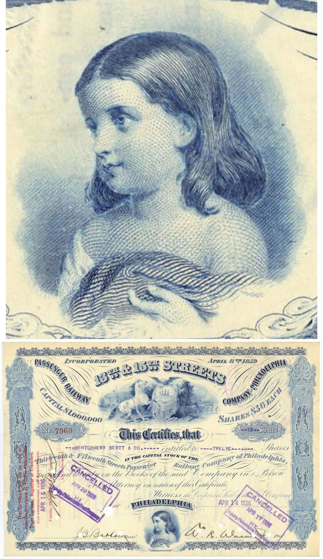 13th and 15th Streets Passenger Railway Co. of Philadelphia - 1880's-1939 dated Railroad Stock Certificate - Thirteenth and Fifteenth Streets