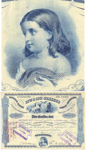 13th and 15th Streets Passenger Railway Co. of Philadelphia - 1880's-1939 dated Railroad Stock Certificate - Thirteenth and Fifteenth Streets