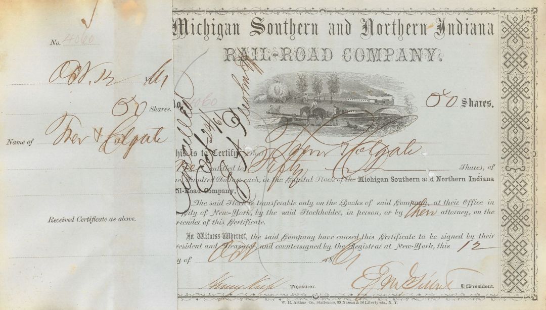Michigan Southern and Northern Indiana Railroad Co. - 1850's-60's dated Railway Stock Certificate