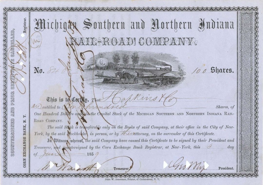Michigan Southern and Northern Indiana Railroad Co. - 1850's-60's dated Railway Stock Certificate