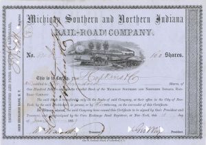 Michigan Southern and Northern Indiana Railroad Co. - 1850's-60's dated Railway Stock Certificate