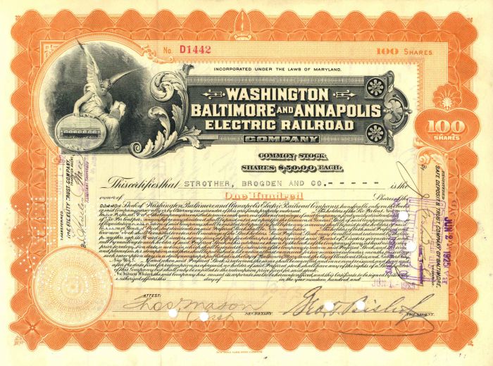 Washington Baltimore and Annapolis Electric Railroad Co. - Stock Certificate