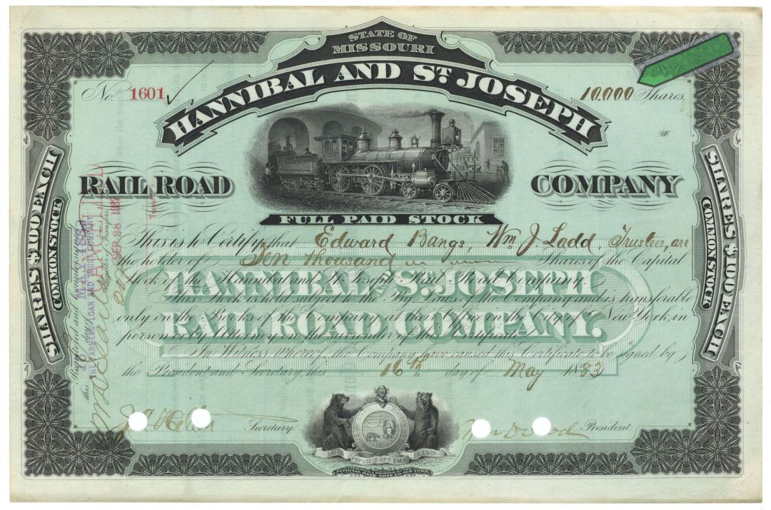 10,000 Shares of Hannibal and St. Joseph Railroad Co. - Fully Issued Stock Certificate - Extremely Rare