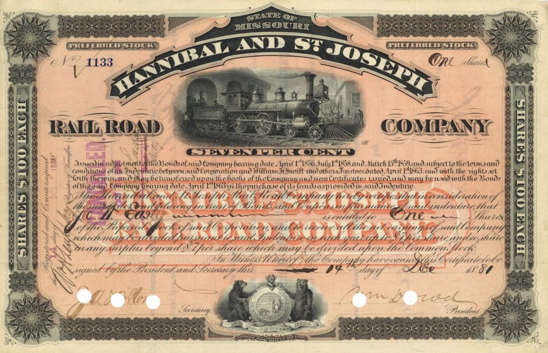 Hannibal and St. Joseph Railroad Co. - 1881 dated Fully Issued Railway Stock Certificate - Extremely Rare