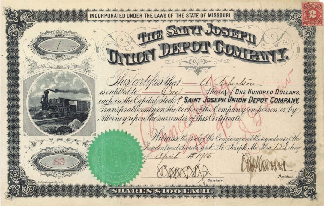 Saint Joseph Union Depot Co. - 1888-1915 dated Stock Certificate