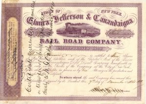 Elmira, Jefferson and Canandaigua Rail Road Co. - Beautiful 1861 dated Railway Stock Certificate