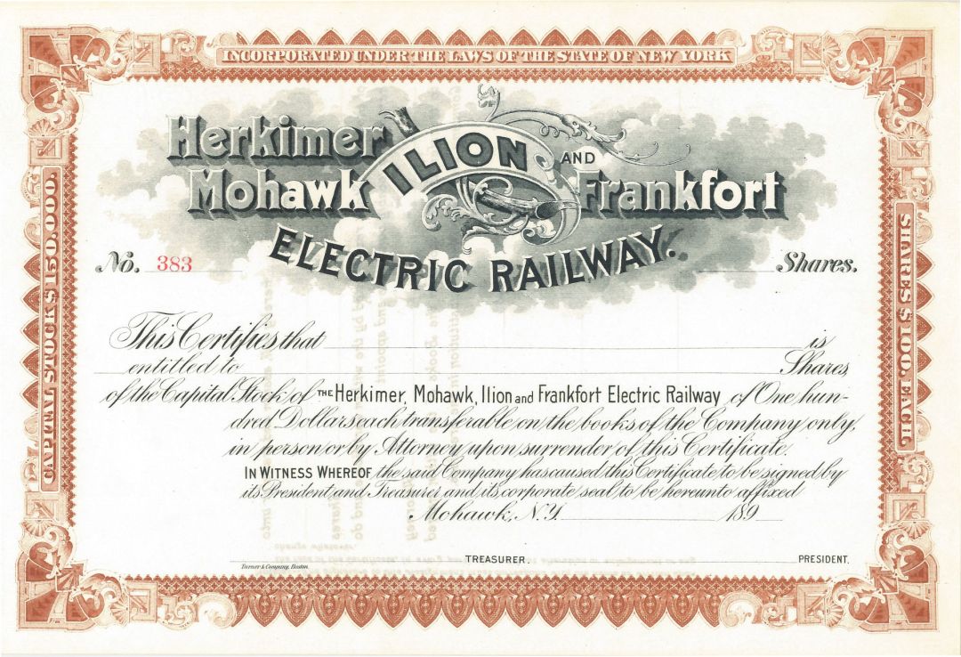 Herkimer, Mohawk, Ilion and Frankfort Electric Railway - Stock Certificate