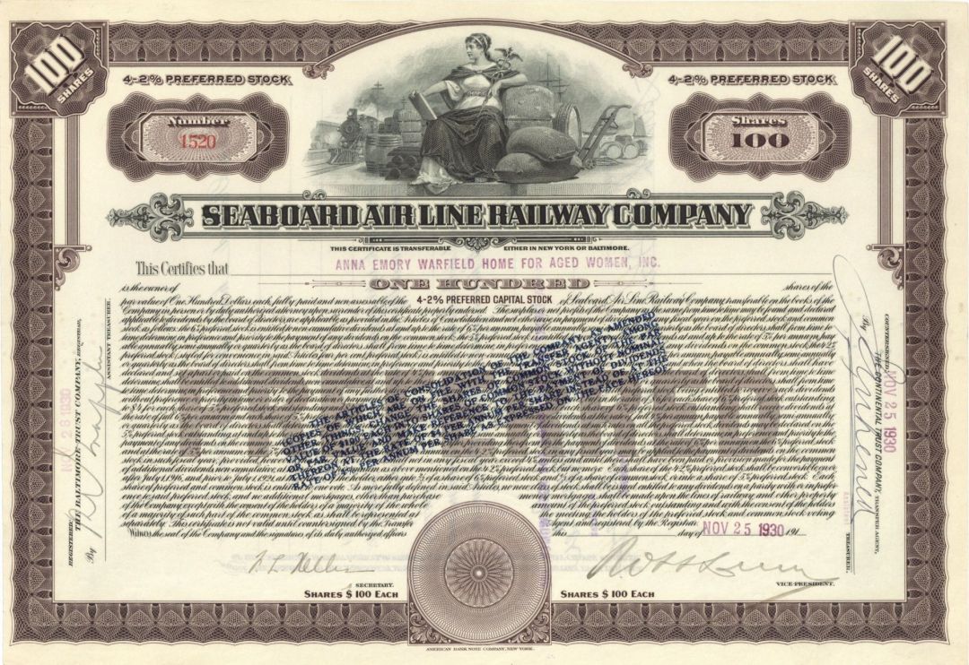 Seaboard Air Line Railway Co. - 1920's-1930's dated Railroad Stock Certificate
