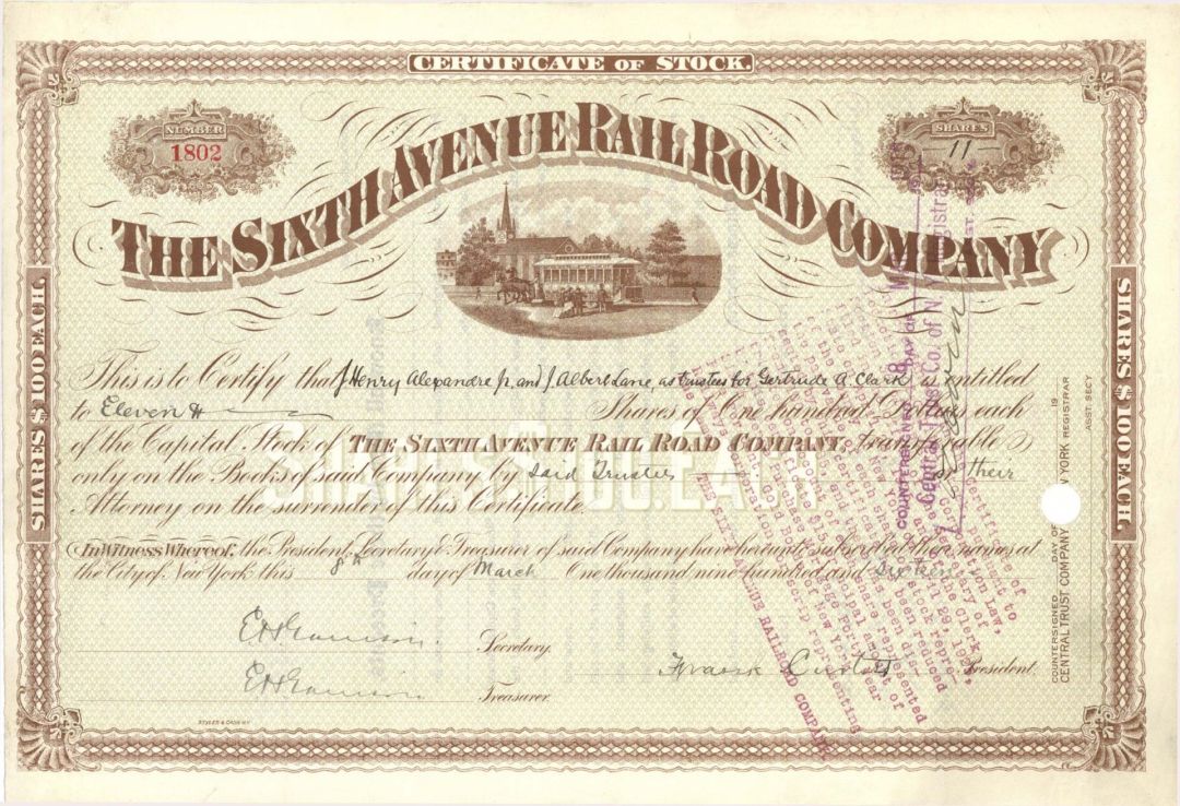 Sixth Avenue Rail Road Co. - 1916 or 1922 dated Stock Certificate