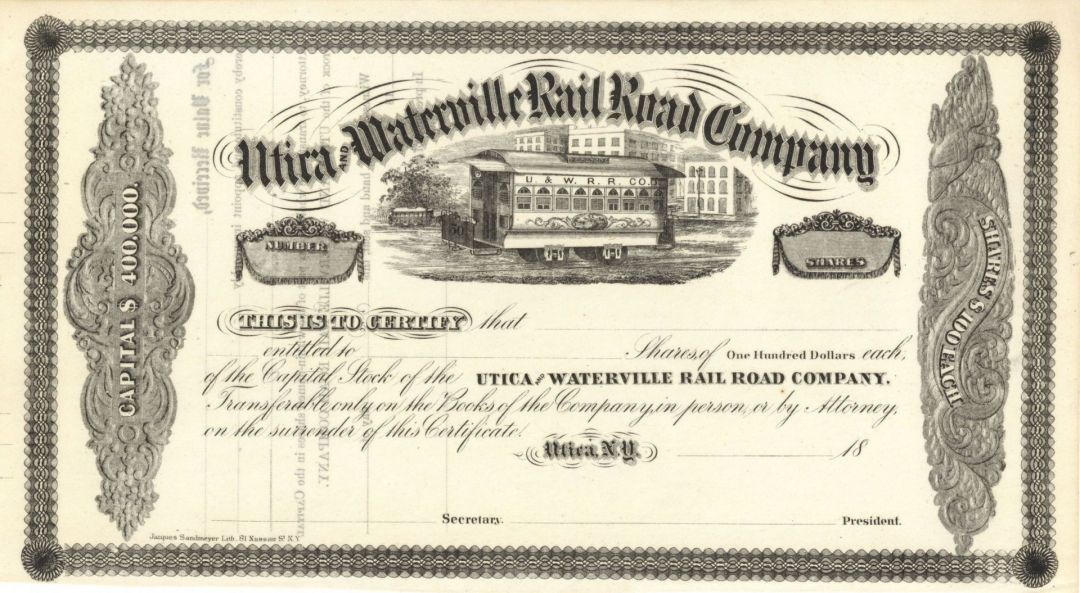 Utica and Waterville Railroad Co. - Railway Unissued Stock Certificate