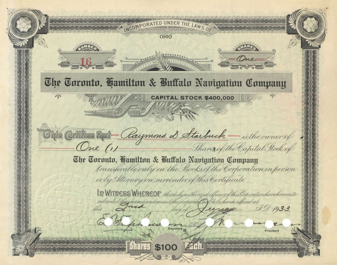 Toronto, Hamilton and Buffalo Navigation Co. - Canadian & U.S. Railway Stock Certificate