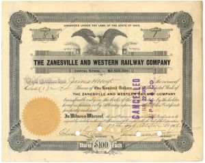Zanesville and Western Railway Co. - 1900's dated Ohio Railroad Stock Certificate