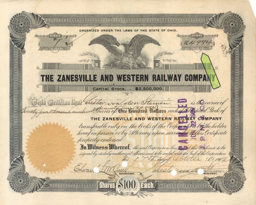 Zanesville and Western Railway Co. - High Denomination Ohio Railroad Stock Certificate