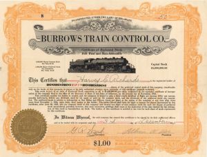 Burrows Train Control Co. - 1924 or 1926 dated Stock Certificate