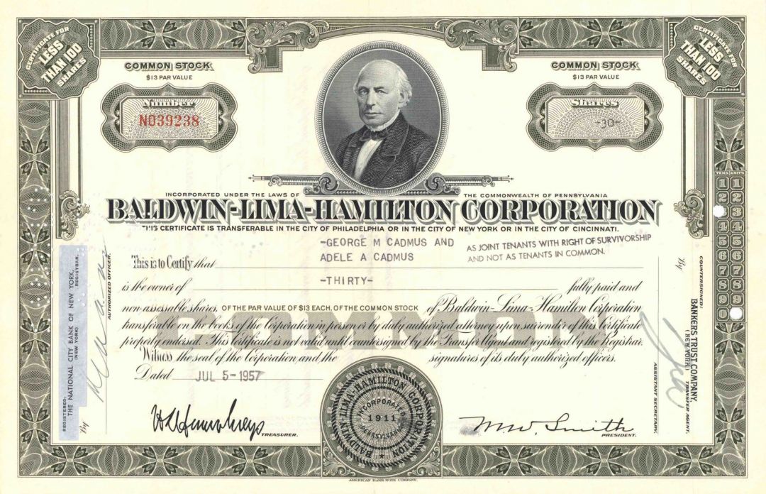 Baldwin-Lima-Hamilton Corporation - Stock Certificate