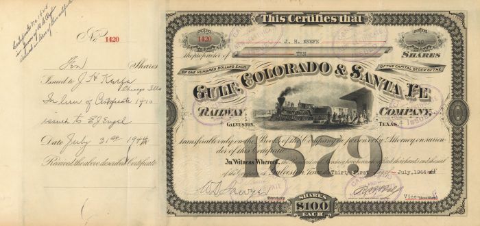 Gulf, Colorado and Sante Fe Railway Co. - Stock Certificate