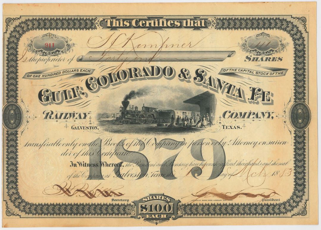Gulf, Colorado and Sante Fe Railway Co. - 1883-96 dated Texas Railroad Stock Certificate