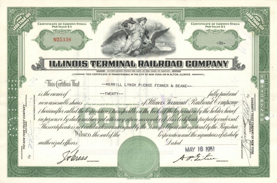 Illinois Terminal Railroad Co. - 1940's-50's dated Stock Certificate - Available in Green or Orange