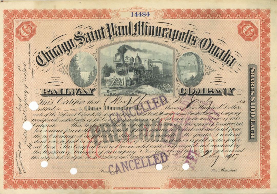 Chicago, Saint Paul, Minneapolis and Omaha Railway Co. - 1917 Partially Issued Stock Certificate - Extremely Rare