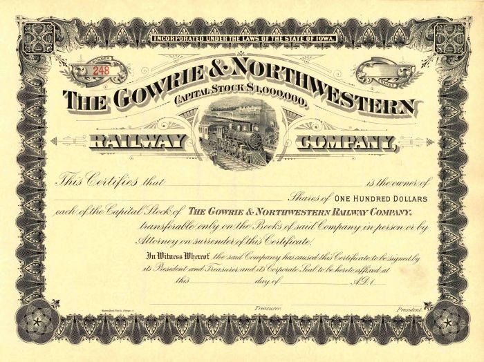 Gowrie and Northwestern Railway Co. - Railroad Unissued Stock Certificate