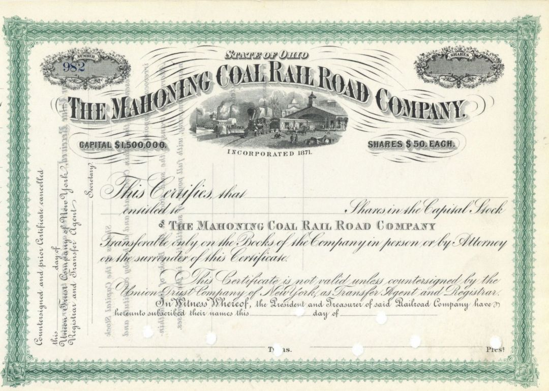 Mahoning Coal Railroad Co. - Unissued Stock Certificate