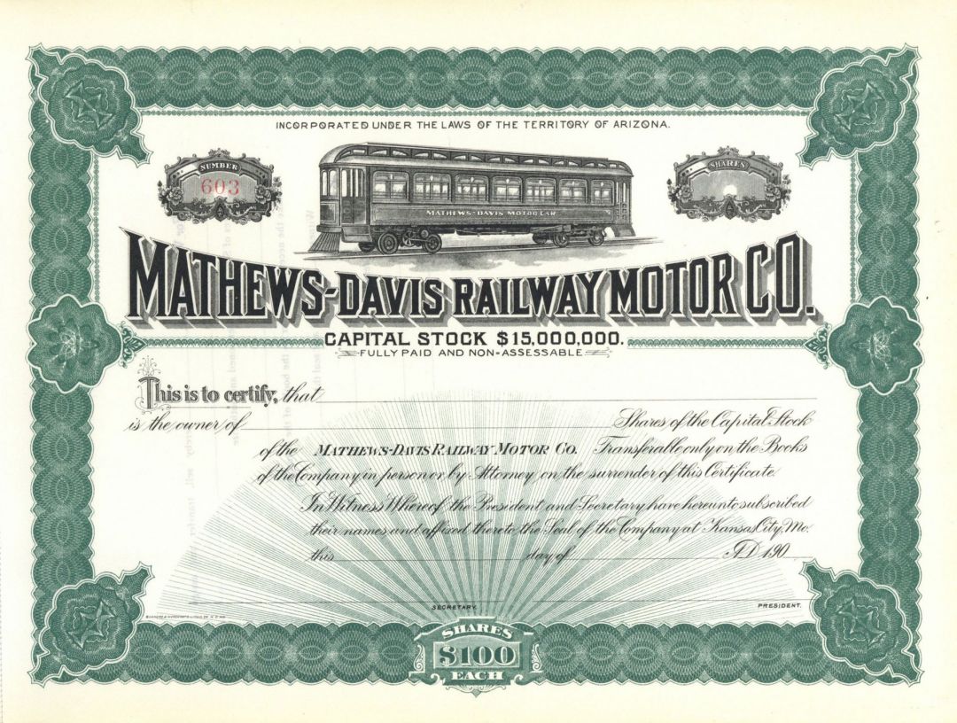 Mathews-Davis Railway Motor Co. - Stock Certificate