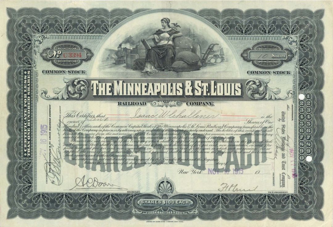 Minneapolis and St. Louis Railroad Co. - 1915 Railway Stock Certificate